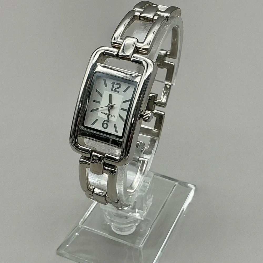 Nine West Womens Watch White Dial Silver Tone Bracelet Rectangular NEW BATTERY